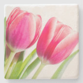 Rosa Tulips mit grünem Blätter Foto Steinuntersetzer (Vorderseite)