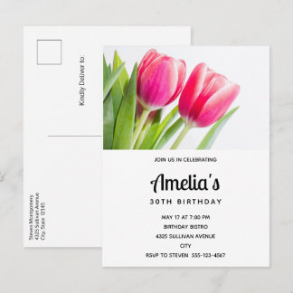 Rosa Tulips mit grünen Blätter Foto Geburtstag Einladungspostkarte