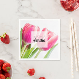 Rosa Tulips mit grünen Blätter Foto Geburtstag Serviette