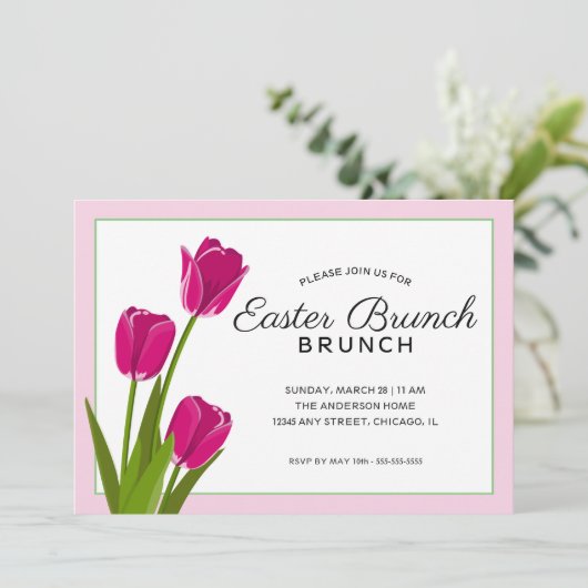 Rosa Tulips | Osterfeier Einladung (Stehend Vorderseite)