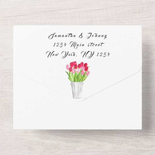 Rosa Tulips Wasserfarbener Frühling Hochzeit All In One Einladung (Rückseite)