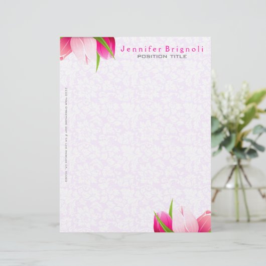 Rosa Tulips Weiße Damaskus Hintergrund Briefbogen (Stehend Vorderseite)