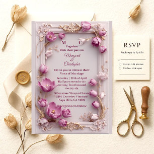 Rosa Tulpen Barock Opulente Elfenbein Hochzeit Einladung