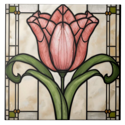 Rosa Tulpen-Blumen-Glasmalerei Fliese (Vorderseite)