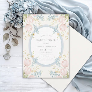 Rosa Tulpen Florale Blaue Vintage-Baby-Party Einladung