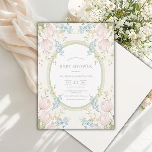 Rosa Tulpen Florale Sage Grün Vintage Babyparty Einladung