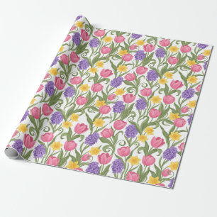 Rosa Tulpen, gelbe Narzissen, violette Hyazinthen Geschenkpapier