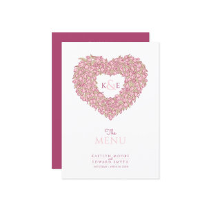 Rosa Tulpen Herzkranz Monogramm Hochzeitsmenü Menükarte
