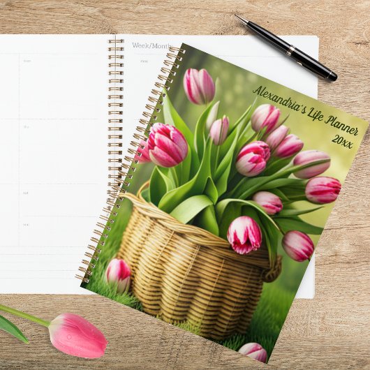 Rosa Tulpen im Landkorb Planer