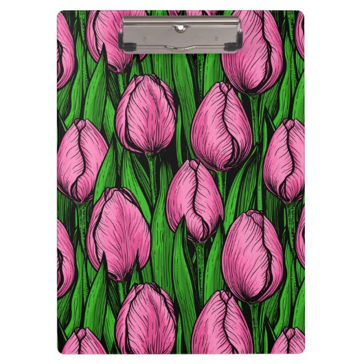 Rosa Tulpen mit grünen Blätter Klemmbrett (Vorderseite)