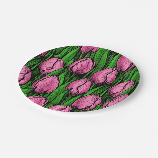 Rosa Tulpen mit grünen Blätter Pappteller (Schrägansicht)