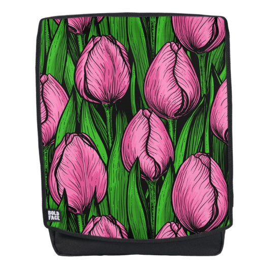 Rosa Tulpen mit grünen Blätter Rucksack (Vorderseite)
