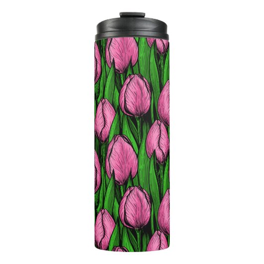 Rosa Tulpen mit grünen Blätter Thermosbecher (Vorderseite)