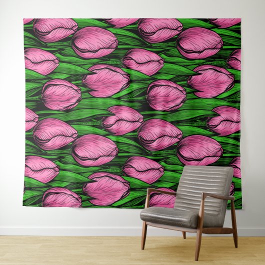 Rosa Tulpen mit grünen Blätter Wandteppich (Beispiel (Horizontal))