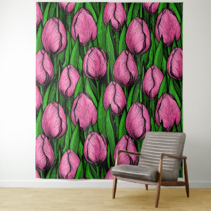 Rosa Tulpen mit grünen Blätter Wandteppich