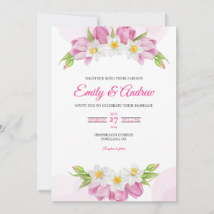 Rosa Tulpen-Narzissen-Blumen-Aquarell-Hochzeit Einladung