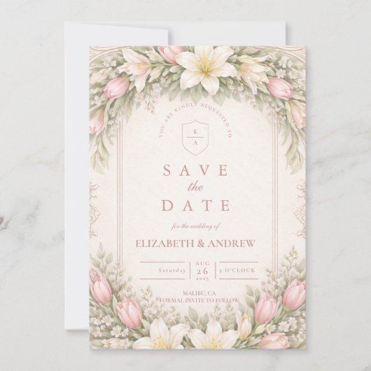 Rosa Tulpen- und Lilien-Gartenhochzeit Save The Date (Vorderseite)