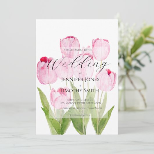 Rosa Tulpen Wasserfarbe Einladung (Stehend Vorderseite)