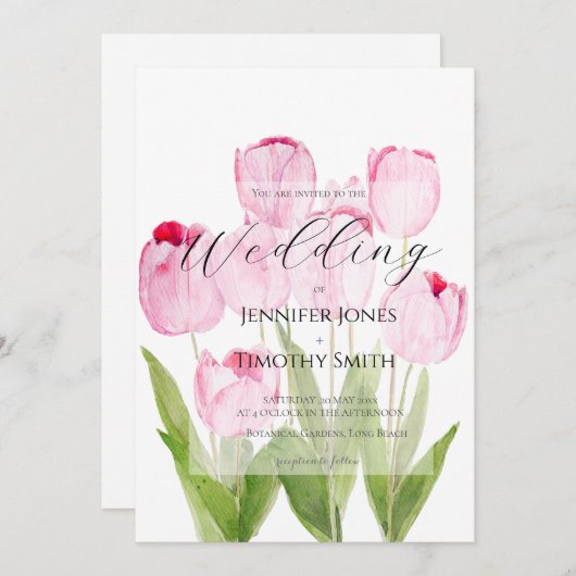 Rosa Tulpen Wasserfarbe Einladung (Vorne/Hinten)