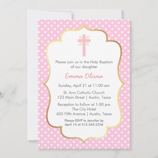 Rosa Tupfen-Taufe mit Kreuz-und Goldgrenze Einladung (Vorderseite)