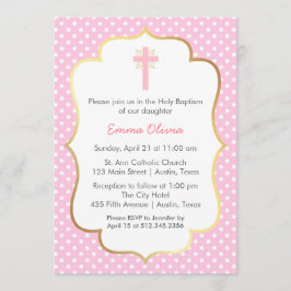 Rosa Tupfen-Taufe mit Kreuz-und Goldgrenze Einladung