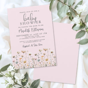 Rosa-tupfende Wildblumen-Baby-Party Einladung