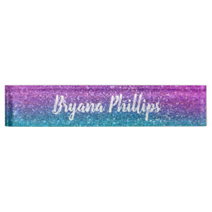 Rosa Türkis Aqua Blau und Lila funkelnder Glitter Namensplakette