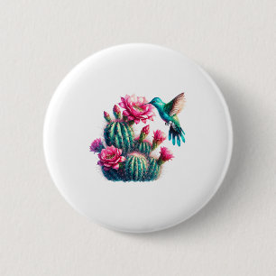 Rosa Türkis Aqua Kaktus Blüte Kolibri Für Frauen  Button