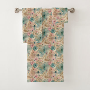 Rosa Türkis Beige Aquarell Blumenlibelle  Badhandtuch Set