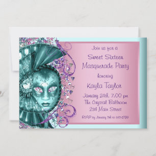 Rosa Türkis Blau Sweet Sixteen Maskenball-Party Einladung