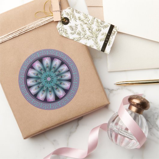 Rosa & Türkis Blumen Mandala Runder Aufkleber (Schenken)