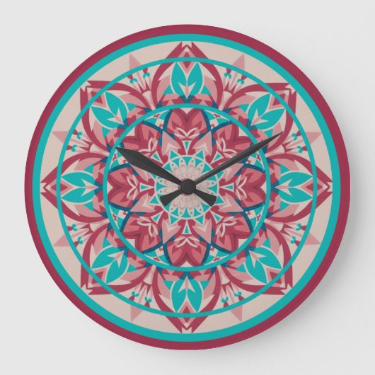 Rosa & Türkis Boho-Mandala-Großuhr Große Wanduhr (Vorderseite)
