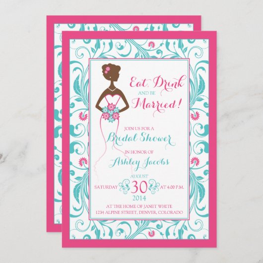 Rosa Türkis Bride Eat Drink Brautparty Einladung (Vorne/Hinten)