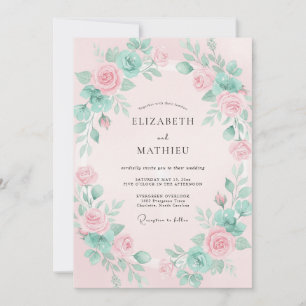 Rosa Türkis Florale Romantische Hochzeit Einladung
