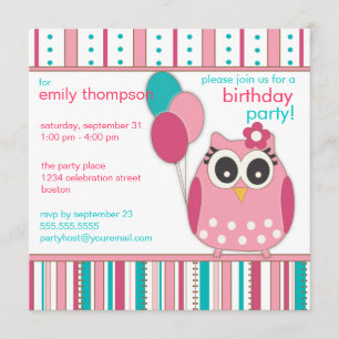 Rosa Türkis Girly Owl Geburtstagsparty Einladung