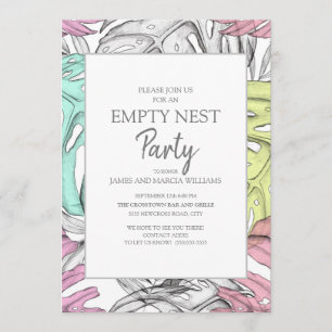 Rosa Türkis Grau Tropisches Blatt Empty Nest Party Einladung