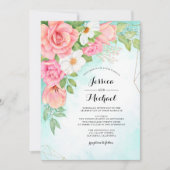 Rosa Türkis Ombre Floral Bouquet Rose Hochzeit Einladung (Vorderseite)