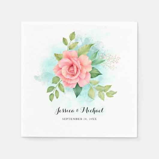 Rosa Türkis Ombre Floral Bouquet Rose Hochzeit Serviette (Vorderseite)