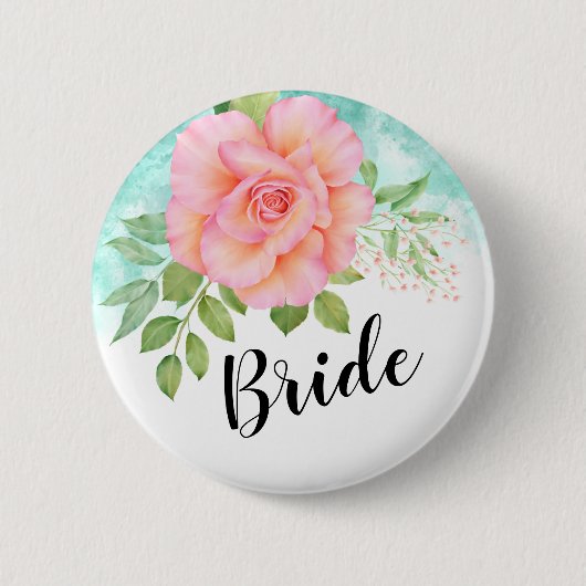 Rosa Türkis Ombre Wasserfarben Rose Braun Button (Vorderseite)