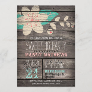 Rosa & Türkis; Rustikale Holz-Sweet-16-Party Einladung