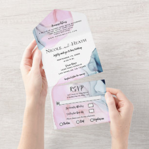 Rosa & Türkis Weiße Aquarell Chic Moderne Hochzeit All In One Einladung