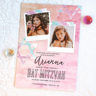Rosa Türkischer Glitzer Bat Mitzvah Foto Einladung