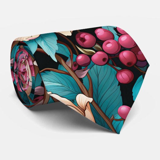 Rosa türkisfarbene Creme Blume und Berries Neck Ti Krawatte (Gerollt)