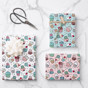 Rosa türkisfarbene Niedliche Cupcake-Muster Geschenkpapier Set