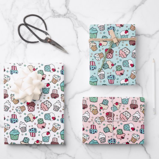 Rosa türkisfarbene Niedliche Cupcake-Muster Geschenkpapier Set (Vorderseite)