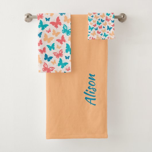 Rosa, türkisfarbene Schmetterlingsmuster Badhandtuch Set (Insitu)