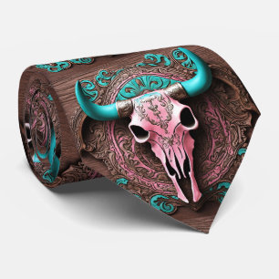 Rosa Türkisfarbener Western Cowboy Bull SKull Krawatte