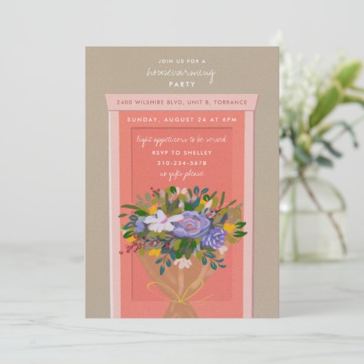 Rosa Türwärmung Party Illustriert Einladung (Stehend Vorderseite)