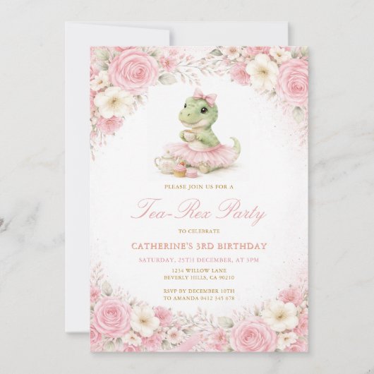 Rosa Tutu Dinosaurier Tea-Rex Party Mädchen Geburt Einladung (Vorderseite)