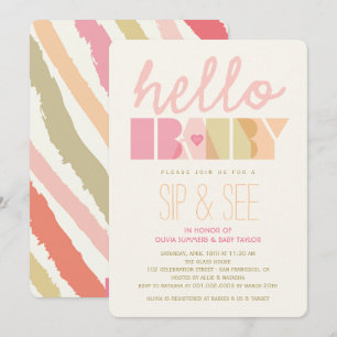 Rosa Typografie Mädchen Sip & See Hallo Baby Showe Einladung